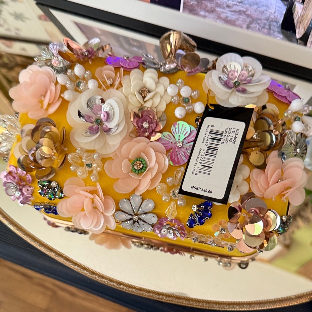 Bebe Yellow Embellished “Daisy” Floral Clutch with Gold Accents